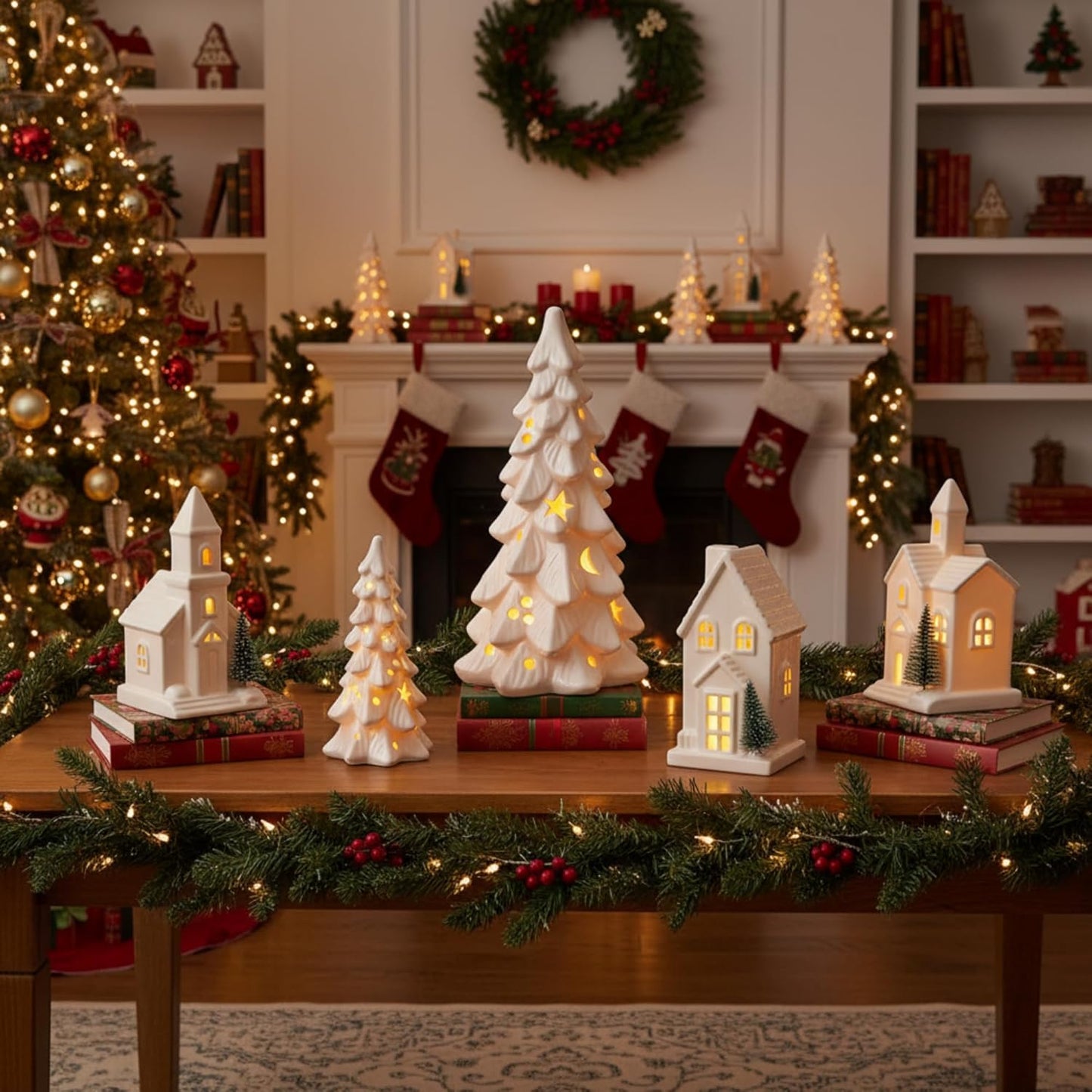 Nuogo Light Up Ceramic Christmas Trees Set - 6 Pcs White LED Decor with Glitter Snow for Holiday Tables