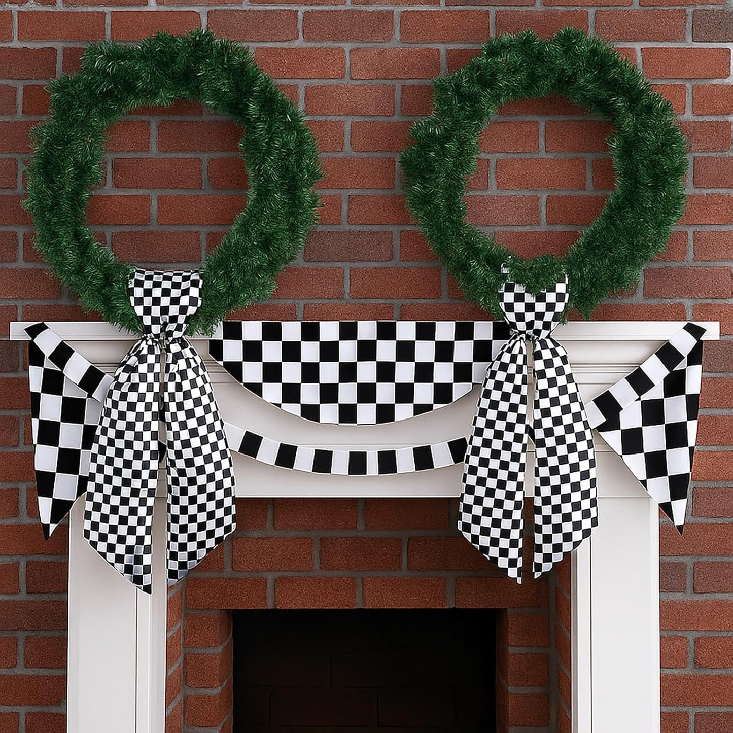 Skiennix Checkered Racing Wreath Sash - Black & White Tie Bow for Front Door Decor | Holiday & Birthday Accessory