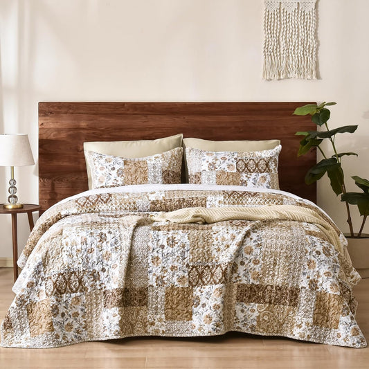 PHF Floral Patchwork Quilt Set King Size, 3 Pieces Reversible Lightweight Quilted Bespread for All Season, Ultra Soft Boho Coverlet Bedding Set 106" x 96"with 2 Pillow Shams, Brown