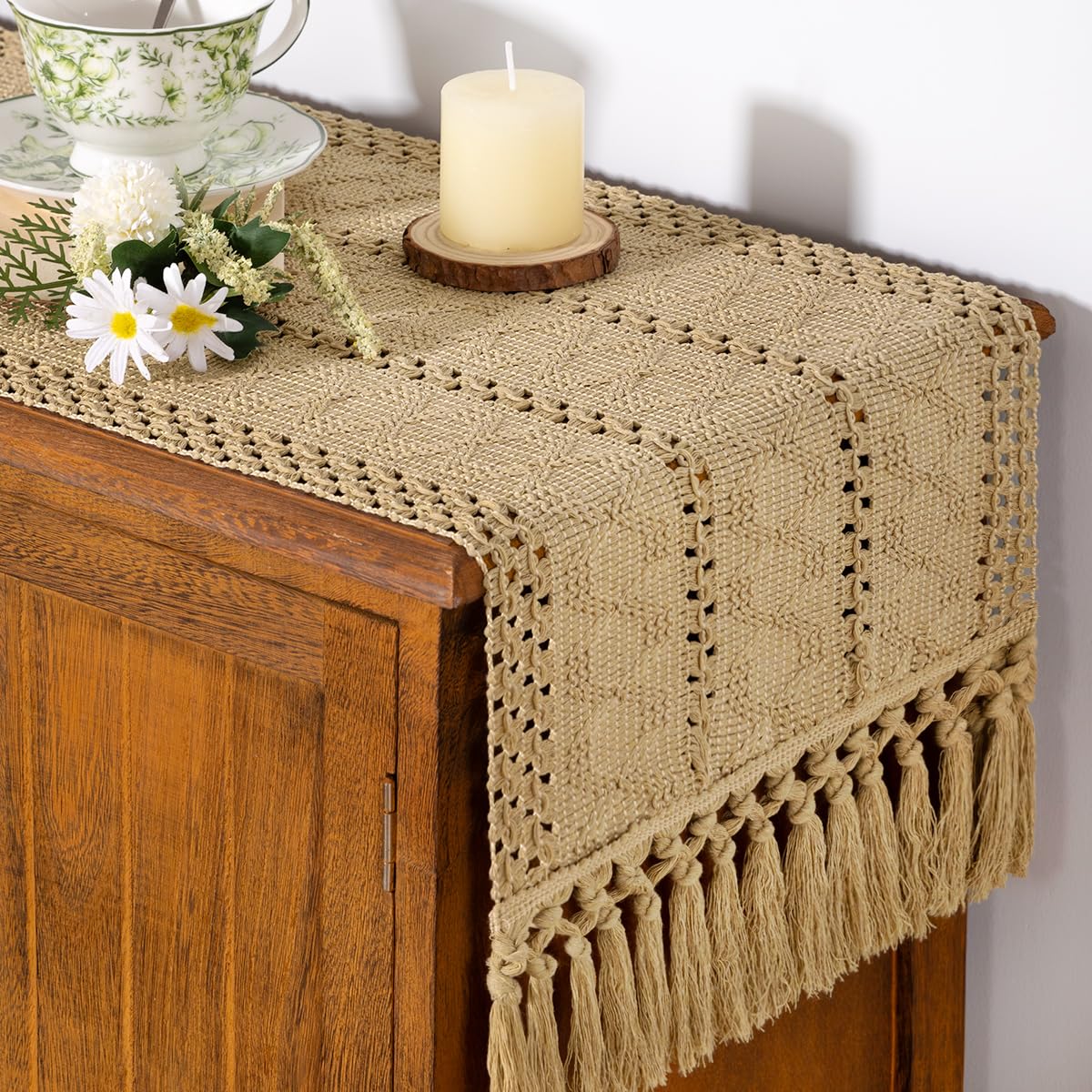 Socomi Boho Table Runner Summer Farmhouse Rustic Dining Kitchen Centerpiece Decor Small Macrame Woven Cotton Linen Coffee Table Runner for Dresser Scarf Home Decor 12x36 inch Champagne