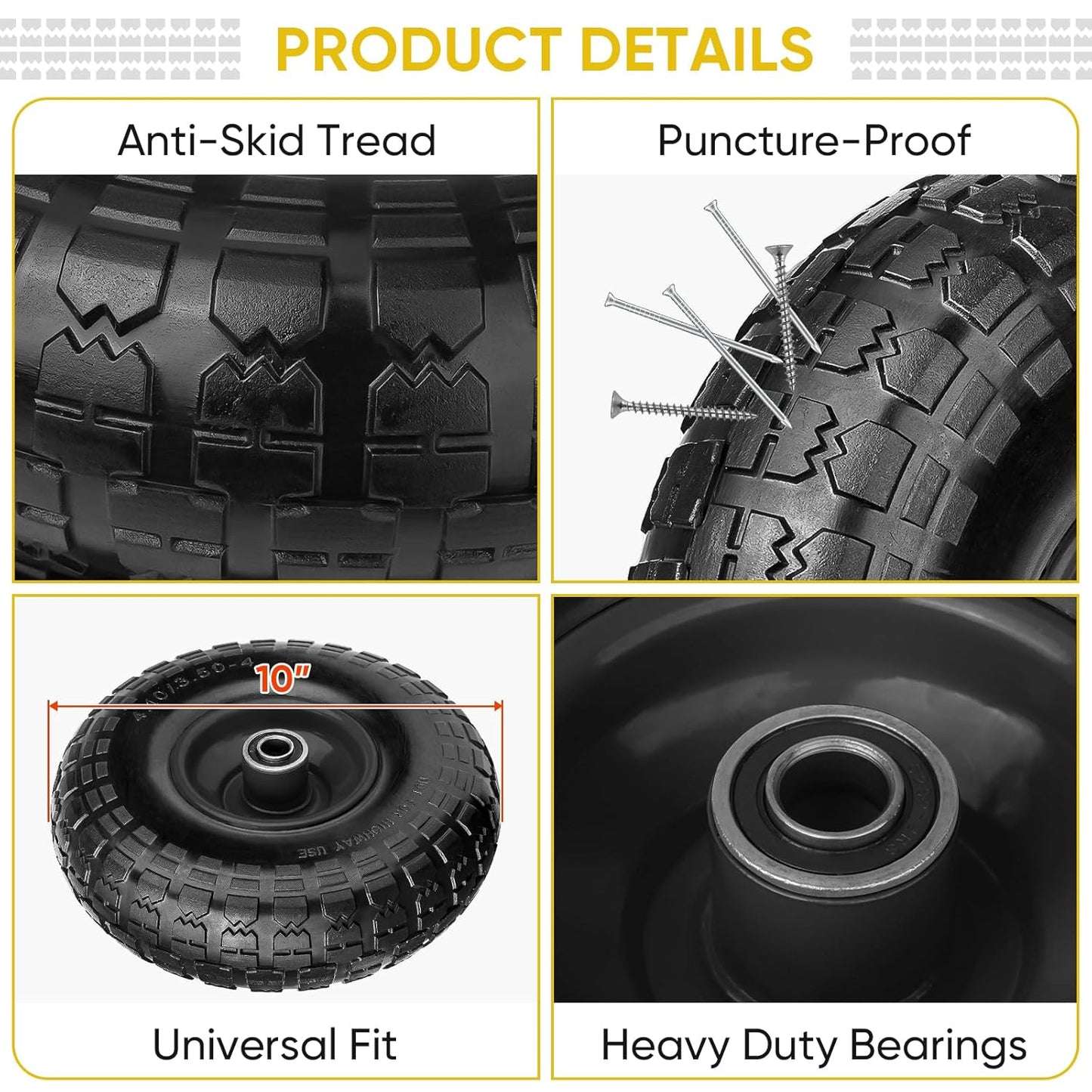 TICONN 10" Solid Tires - Flat Free 4.10/3.50-4'' Wheels with 5/8” Axle Bore & Double Sealed Bearings | Black, 2 Pack
