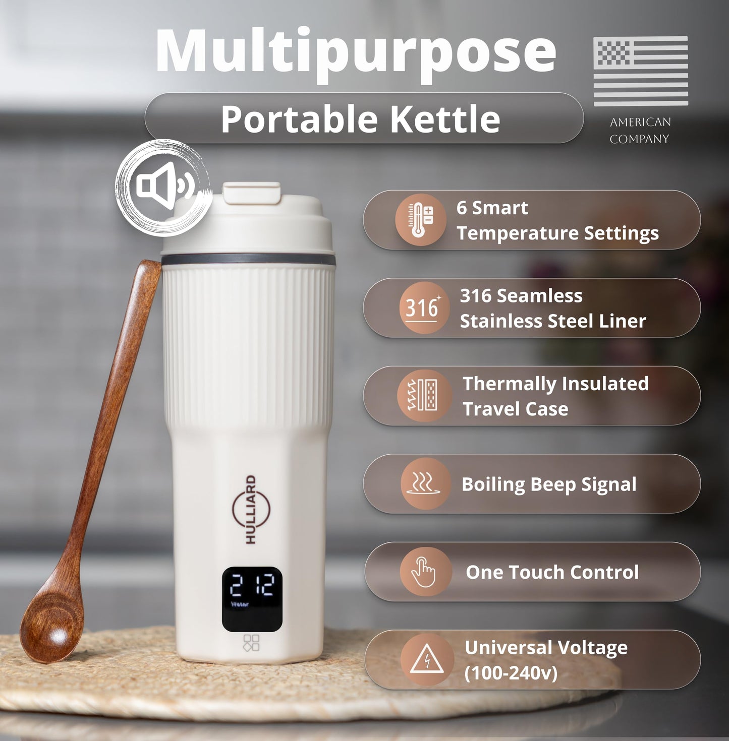 HULLIARD Travel Electric Kettle - 316 Stainless Steel, Portable Tea Kettle & Water Heater, 450ml Portable Water Boiler, 6 Temperature Settings, Auto Shut-Off, Universal Voltage (100-240V)