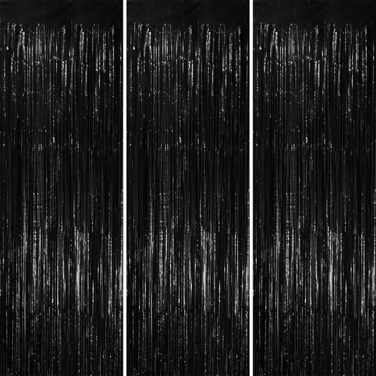 Voircoloria 3 Pack 3.3x8.2 Feet Black Foil Fringe Backdrop Curtains, Tinsel Streamers Birthday Party Decorations, Fringe Backdrop for Graduation, New Years, Halloween, Disco Party
