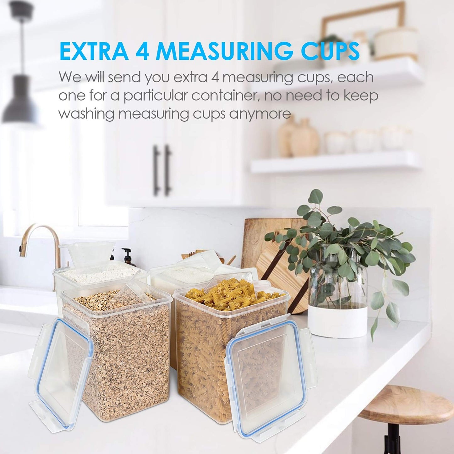 Vtopmart Large Food Storage Containers 5.2L / 175oz, 4 Pieces BPA Free Plastic Airtight Canisters for Flour, Sugar, Baking Supplies, Rice with Lids, 4 Measuring Cups and 24 Labels, Blue