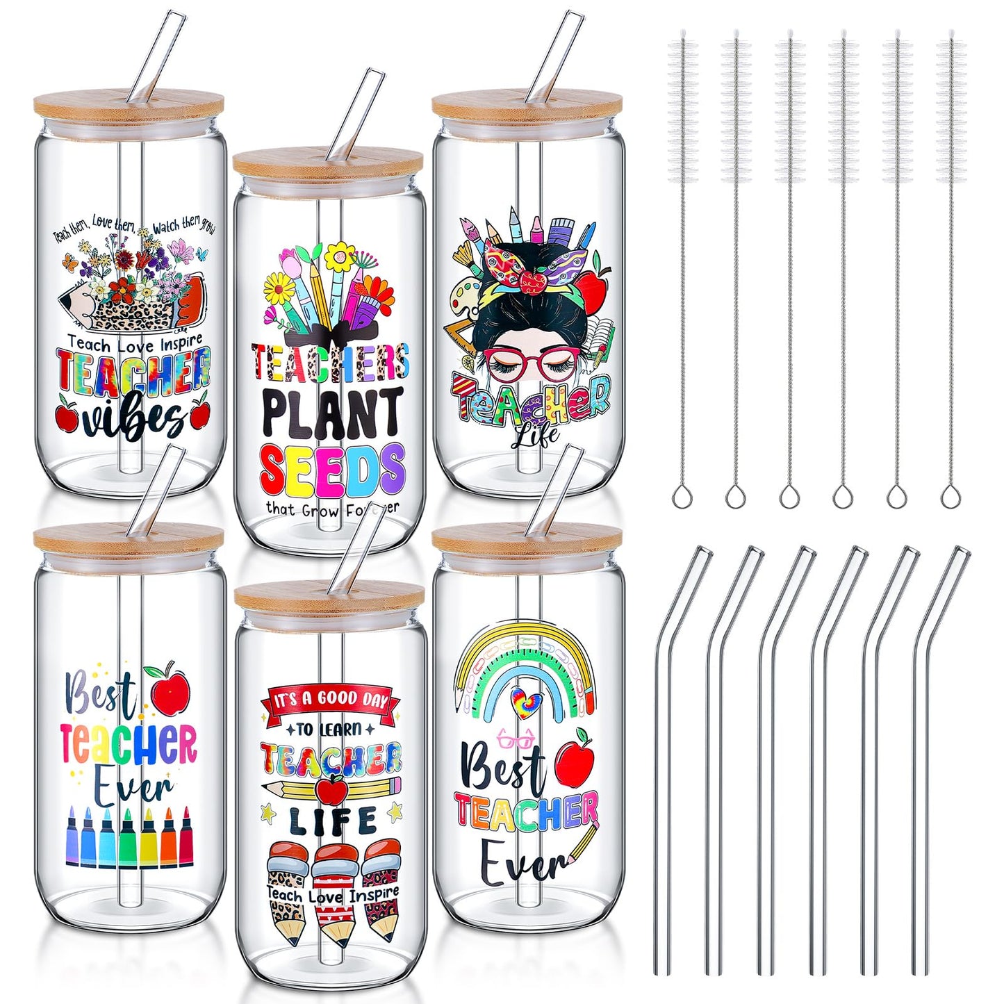 Uiifan 6 Pack 2026 Graduation Glass Cup Teacher Appreciation Gifts Bulk with Lids and Straws 16oz Drinking Drinkware Glasses Coffee Mugs Female Graduate Presents for Teacher