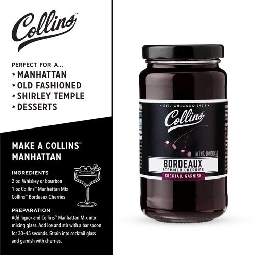 Collins Stemmed Black Cherries for Cocktails, Old Fashioned, Manhattan, and Whiskey Sour, Cocktail Cherry in Bordeaux Syrup, Garnish for Mocktails, Party Drinks, Baking, Desserts, 10 oz