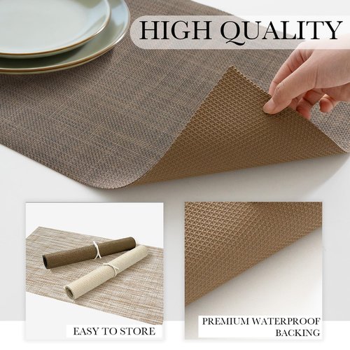 BACKTOEDEN Leakproof Placemats Set of 6, 2-Layer Waterproof placemat for No More Stains, Heat-Resistant Easy Clean Vinyl Table Place Mats for Kitchen Dining Indoor Outdoor, Dark Brown