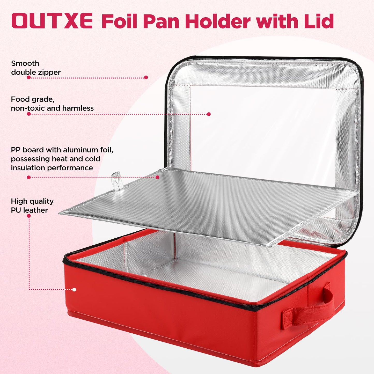 OUTXE 2 Pack 9x13 in Foil Pan Carrier with Lid, PU Leather Foil Pan Holder with Handle, Serving Tray for Food, Stackable Aluminum Pan Holder, for Travel, Potlucks, Parties, BBQ, Picnics, Home (Red)