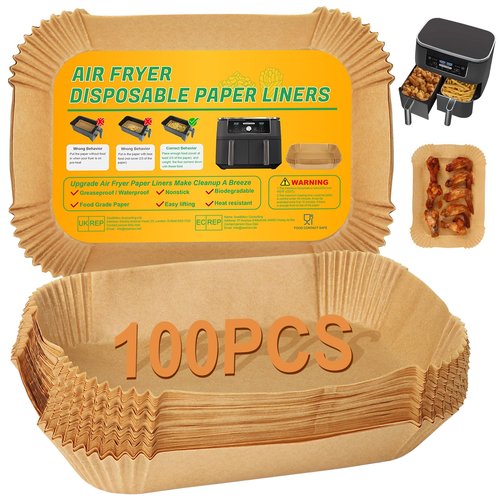 BYKITCHEN Air Fryer Disposable Paper Liners for Ninja Dual Airfryer, 100PCS Rectangle Air Fryer Parchment Paper Sheets for Ninja DZ201/DZ401/DZ550/SL401 & More, Ninja Airfryer Double Stack Accessories