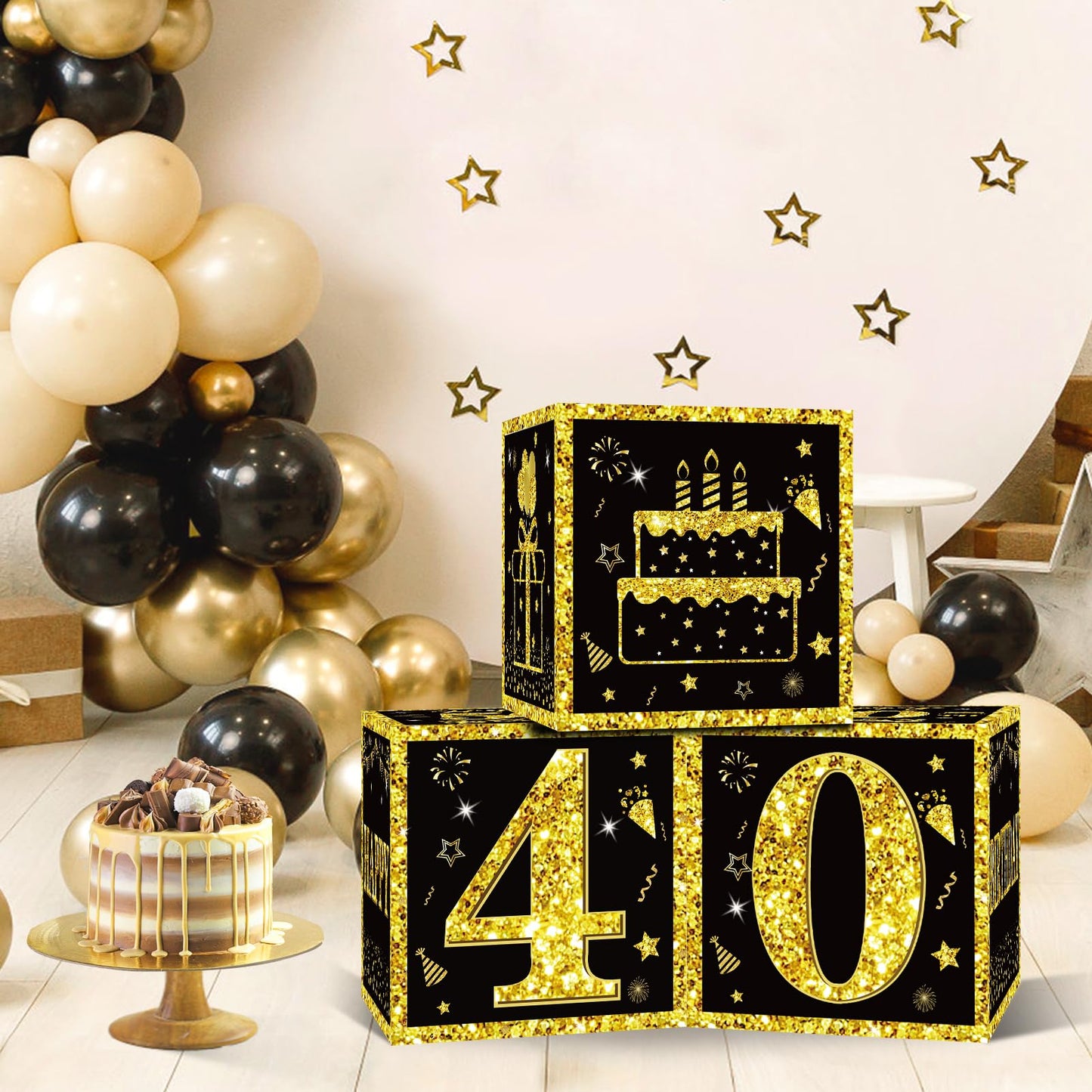 Eiurteao 3pcs 40th Birthday Decorations Boxes for Men Women, Black Gold Happy 40 Birthday Balloons Boxes Party Supplies, 40 Year Old Bday Theme Cardboard Box Decor