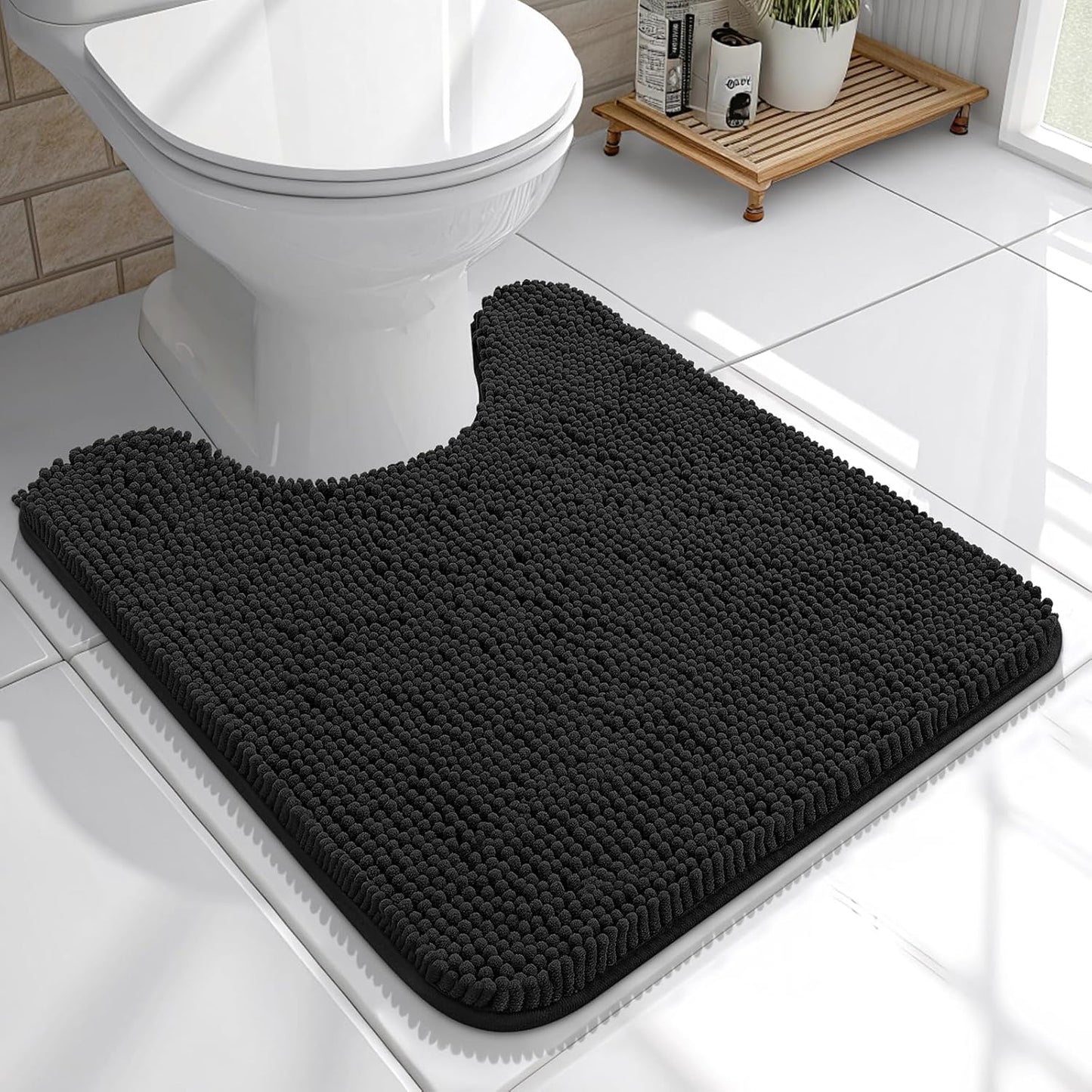 OLANLY U-Shaped Toilet Rugs - Extra Soft, Absorbent Chenille Bath Mat | 20x20, Non-Slip, Quick Dry, Black