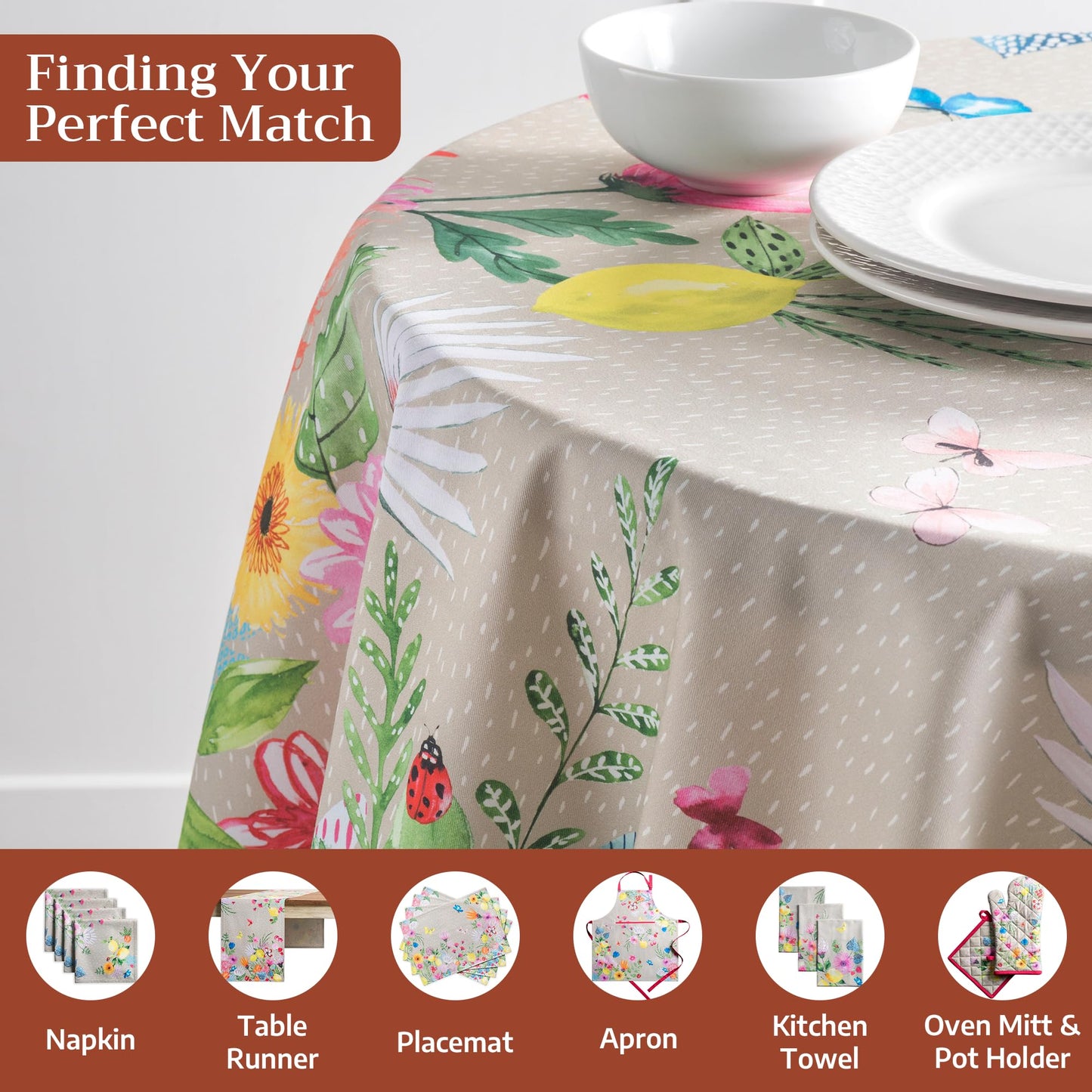 Maison d' Hermine Table Cloth Round Table 100% Cotton 63 Round Inches Tablecloth Reusable Decorative for Dining Kitchen Room Farmhouse Home Gifts for Mothers Day Spring Summer - Jardin D'Ete - Fog