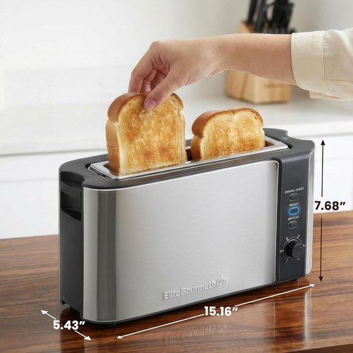 Elite Gourmet ECT3200 Slim 2-Slice Toaster - Extra Wide Slots, 6 Settings, Stainless Steel & Black
