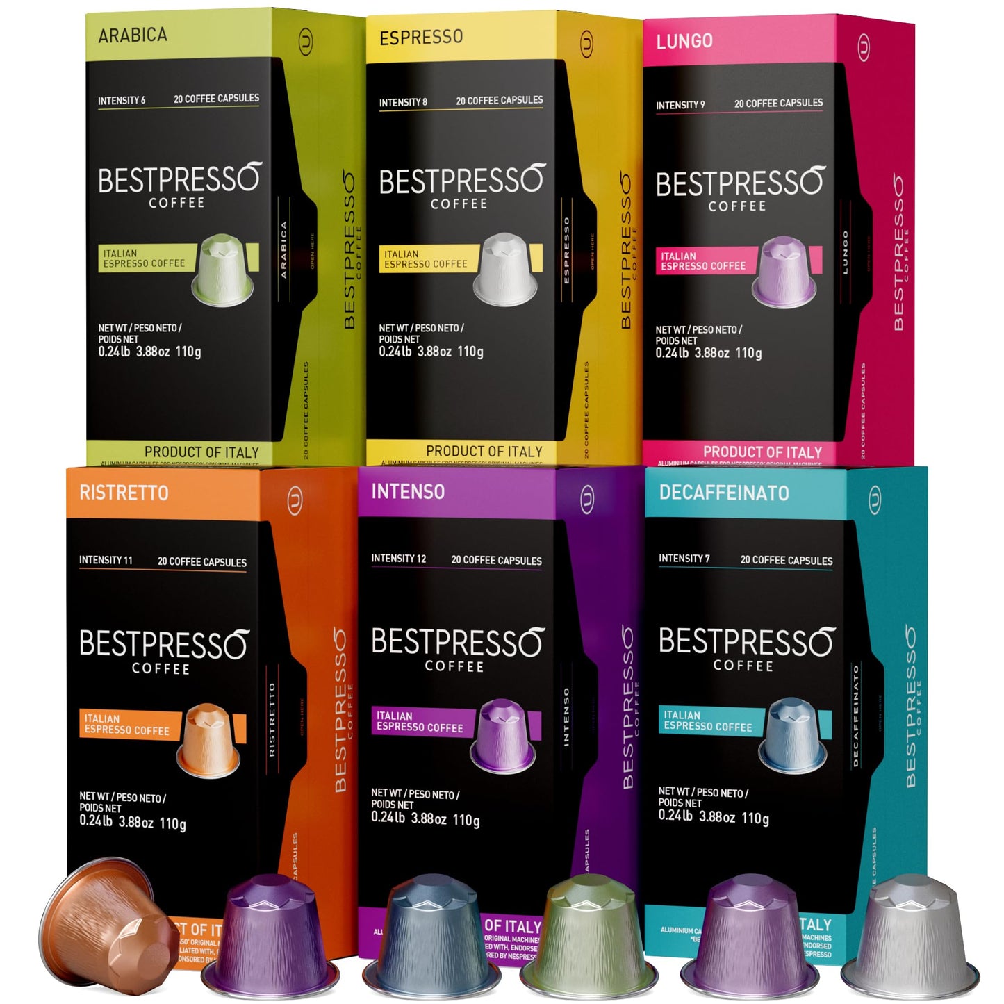 Bestpresso Coffee for Nespresso Original Machine 120 pods Certified Genuine Espresso Variety Pack includes one pack of decaf coffee, Pods Compatible with Nespresso Original