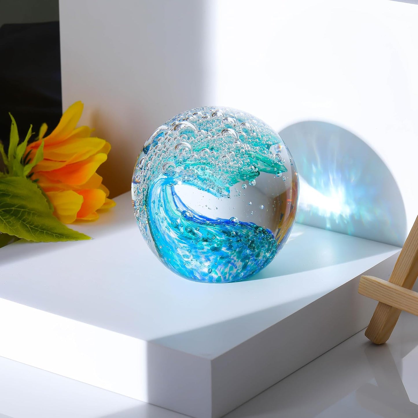 Qianwei Hand Blown Ocean Waves Crystal Ball - Unique Glass Collectible Figurine | Stunning Aquarium Decor