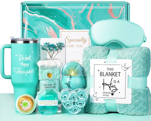 Birthday Gifts for Women, Mothers Day Spa Gifts for Mom from Daughter, Self Care Get Well Soon Gift Baskets for Her Sister Wife Girlfriend Ocean Relaxing Spa Care Package w/Blanket 40 OZ Tumbler