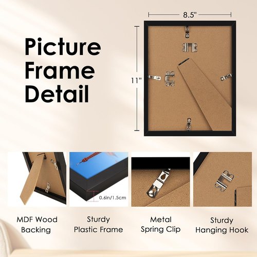 FIXSMITH 8.5x11 Black Picture Frame - HD Plexiglass for 6x8 or 8.5x11 Photos | 2 Pack for Tabletop or Wall Display