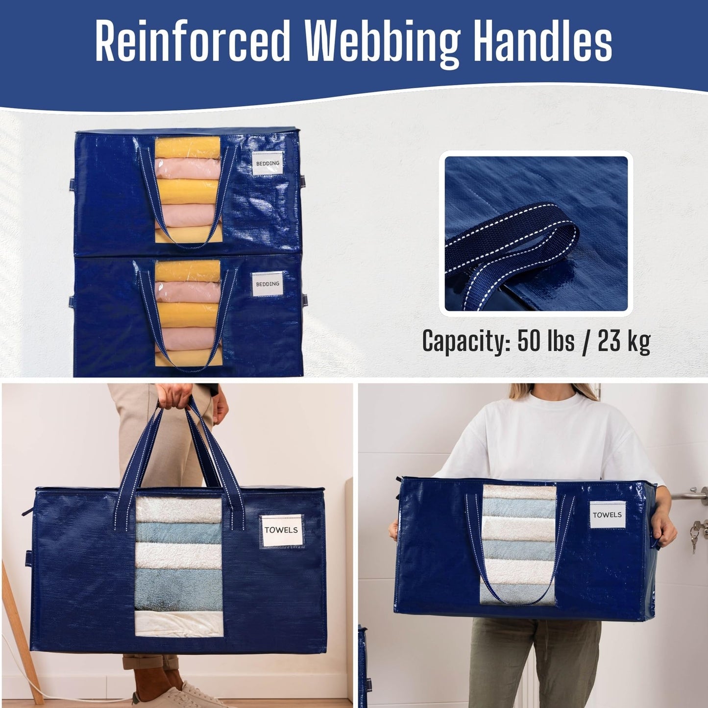 VENO 8 Pack Heavy Duty Moving Bags, Clothes and Comforter Storage Bags with Clear Window, College Dorm Essentials Packing Supplies, Foldable Boxes Alternative (Blue, 8 Pack)