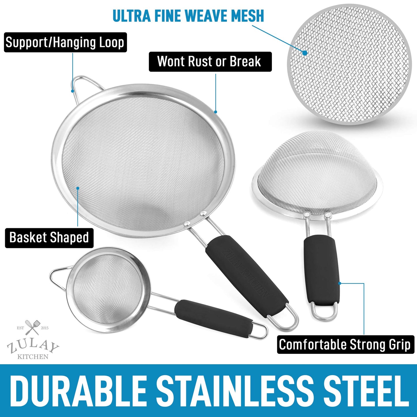 Zulay Kitchen Premium Stainless Steel Fine Mesh Strainer Set - Strainers For Kitchen (Set of 3) With Non-Slip Handles - Includes A Small, Medium & Large Fine Mesh Sieve Set - Durable Metal Strainer