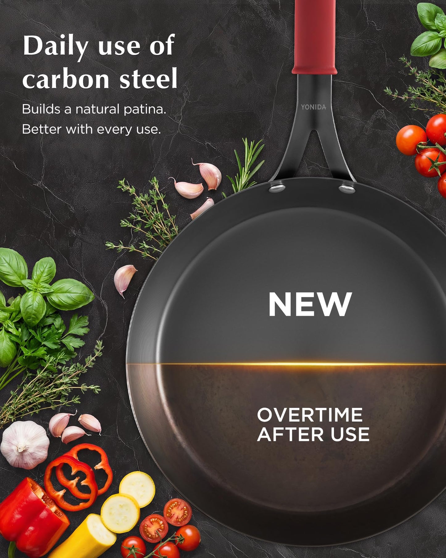 Yonida Carbon Steel Pan, 10 Inch Nonstick Frying Pan Skillet, Pre-Seasoned Carbon Steel Cookware with Removable Silicone Handle Holder, Indoor/Outdoor, Induction & Oven Safe