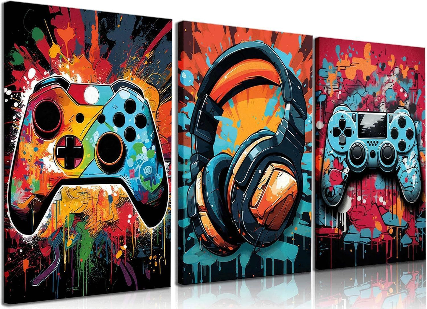 Skiennix Retro Video Game Wall Art - Colorful Neon Gamepad Canvas Prints | 3-Piece Set, 12x16in for Kids' Rooms