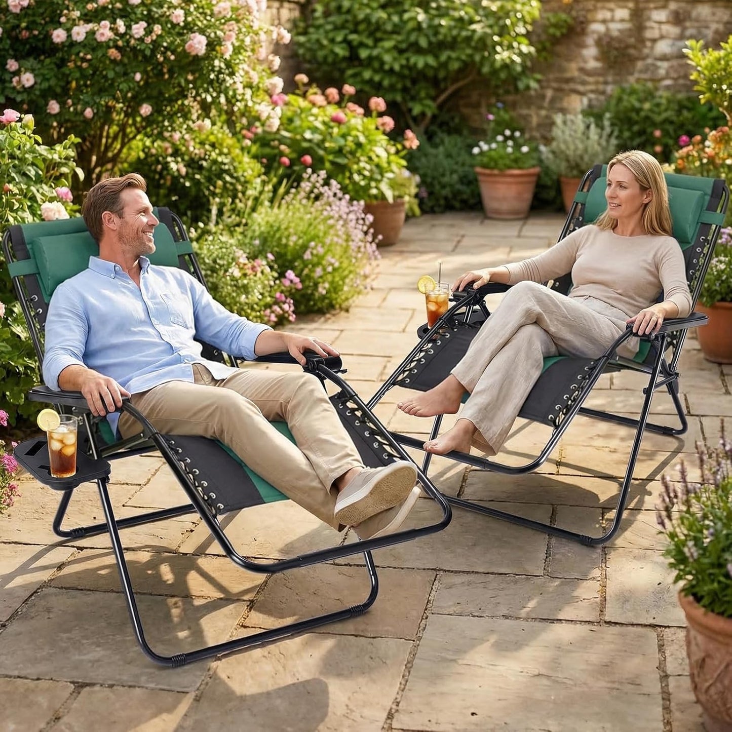 Sweetcrispy Zero Gravity Chairs - Foldable Patio Recliners with Adjustable Pillow & Cup Holder | Supports 400 lbs, Black-Green