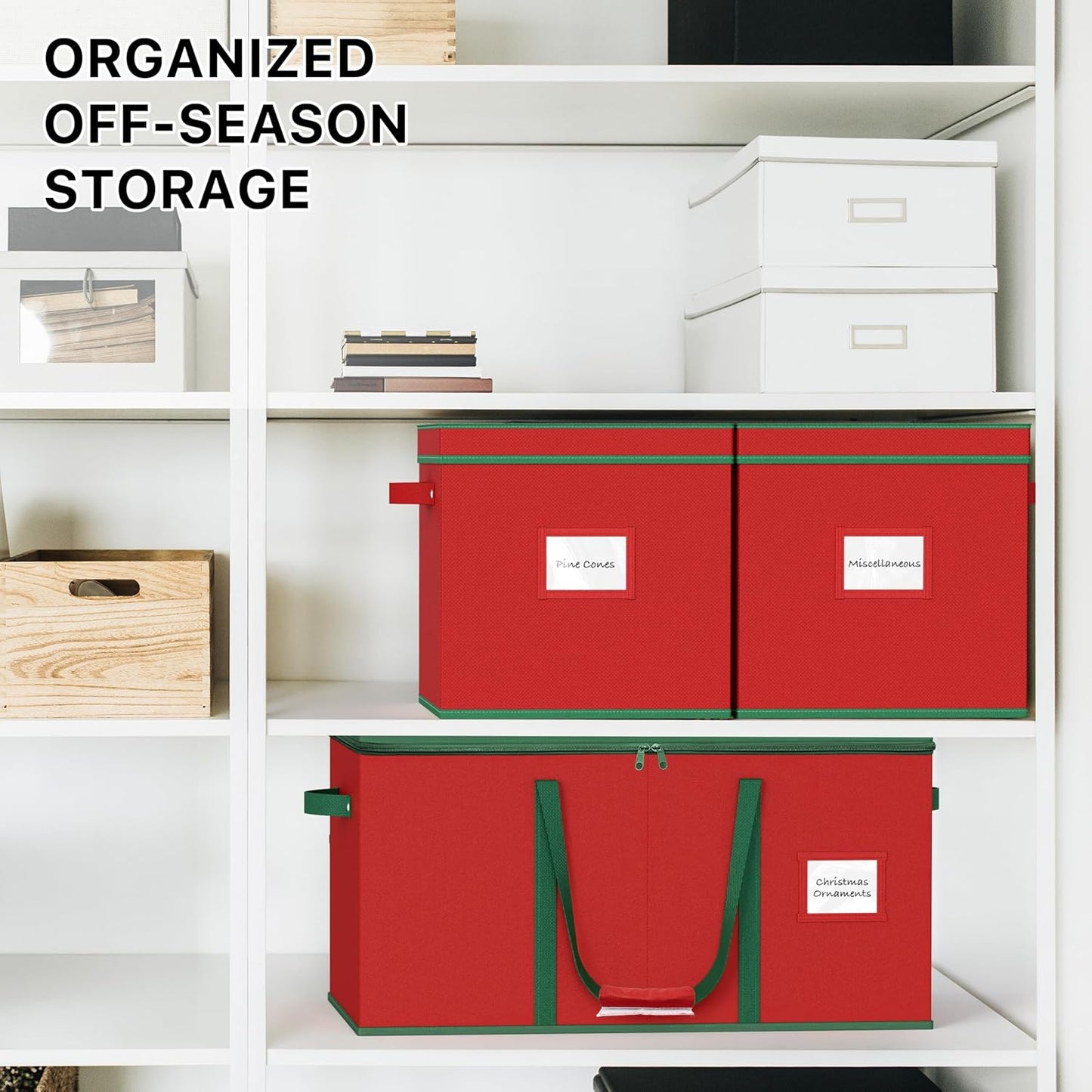 Simple Houseware Heavy-Duty Christmas Ornament Storage Box - Adjustable Dividers, Holds 64 Ornaments, Red