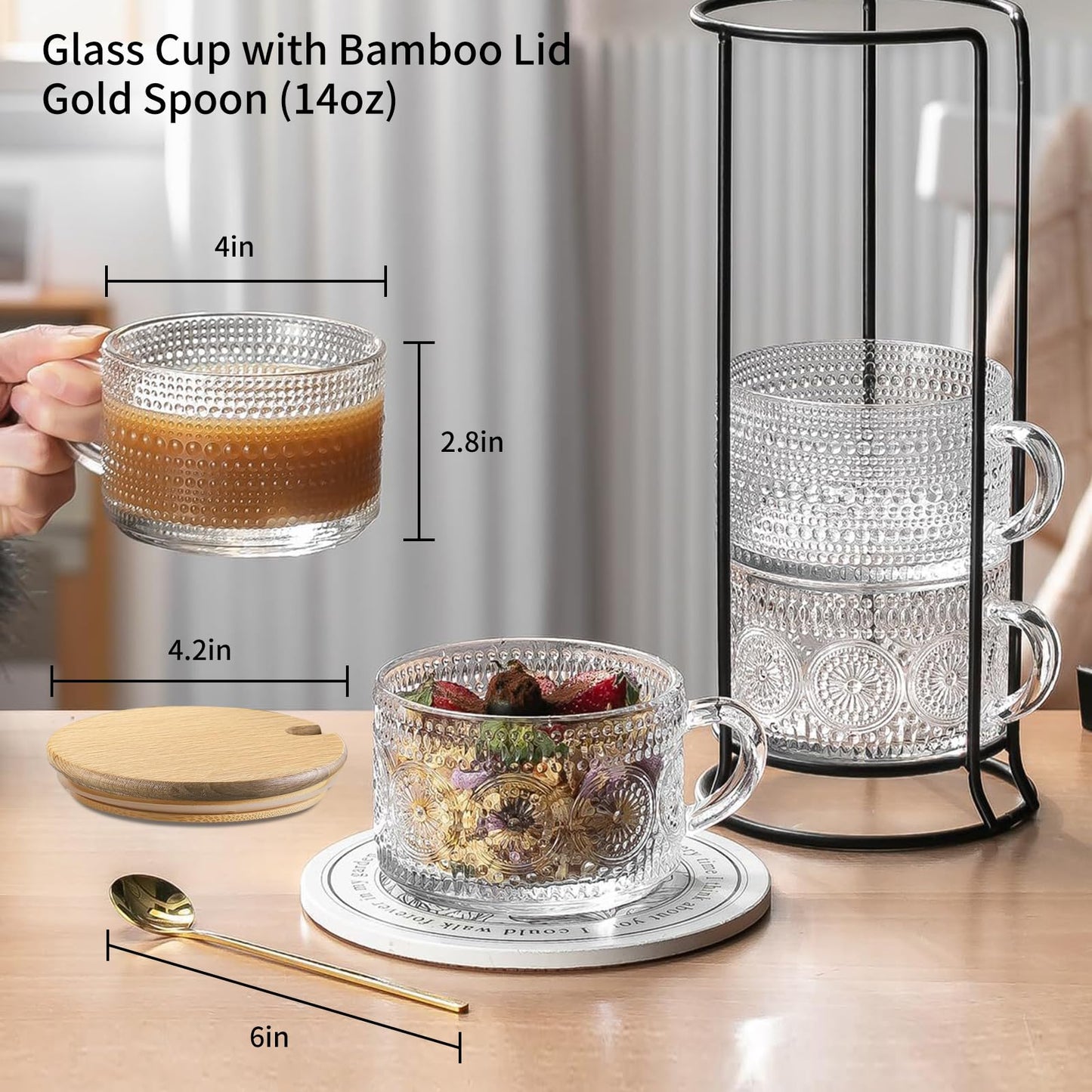 DOPUDO Vintage Glass Coffee Mugs,Overnight Oats Containers With Lids,Glass Cup With Sealed Lid and Spoon,Glass Coffee Mugs,Coffee Bar Accessories,Ideal for Cappuccino, Latte(6-Pack,14oz)