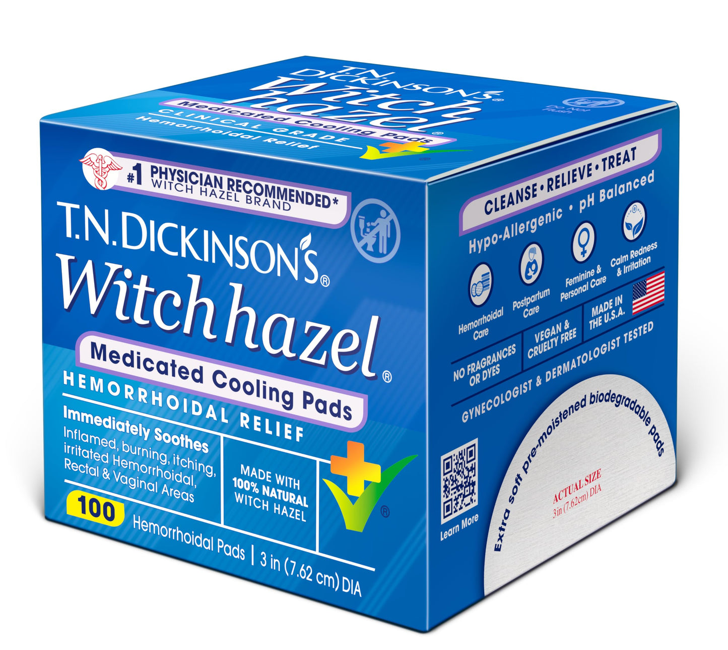 T.N. Dickinson’s Medicated Cooling Pads with Witch Hazel and Aloe | Hemorrhoid Treatment, Postpartum Care, Feminine & Rectal Relief | 100 Rounds