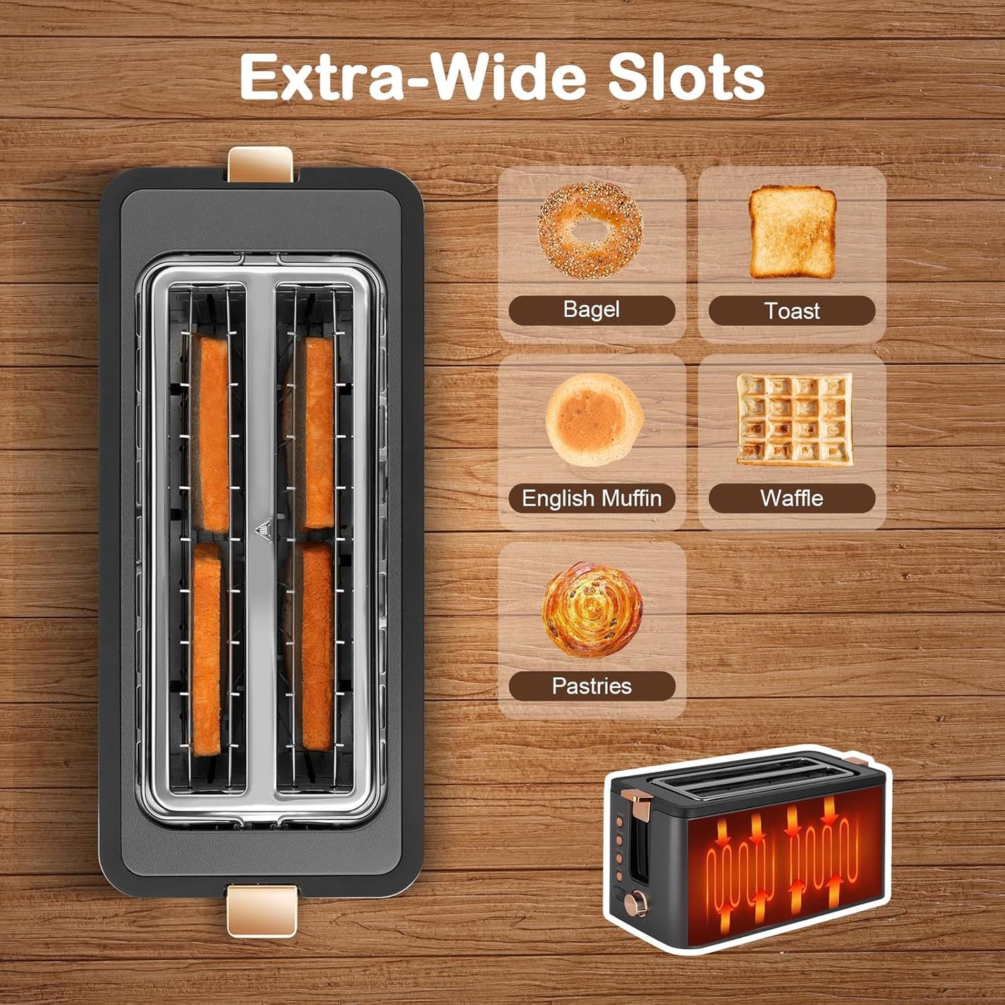 Mecity 4-Slice Long Slot Toaster - Stainless Steel With Warming Rack & 6 Browning Settings | Grey