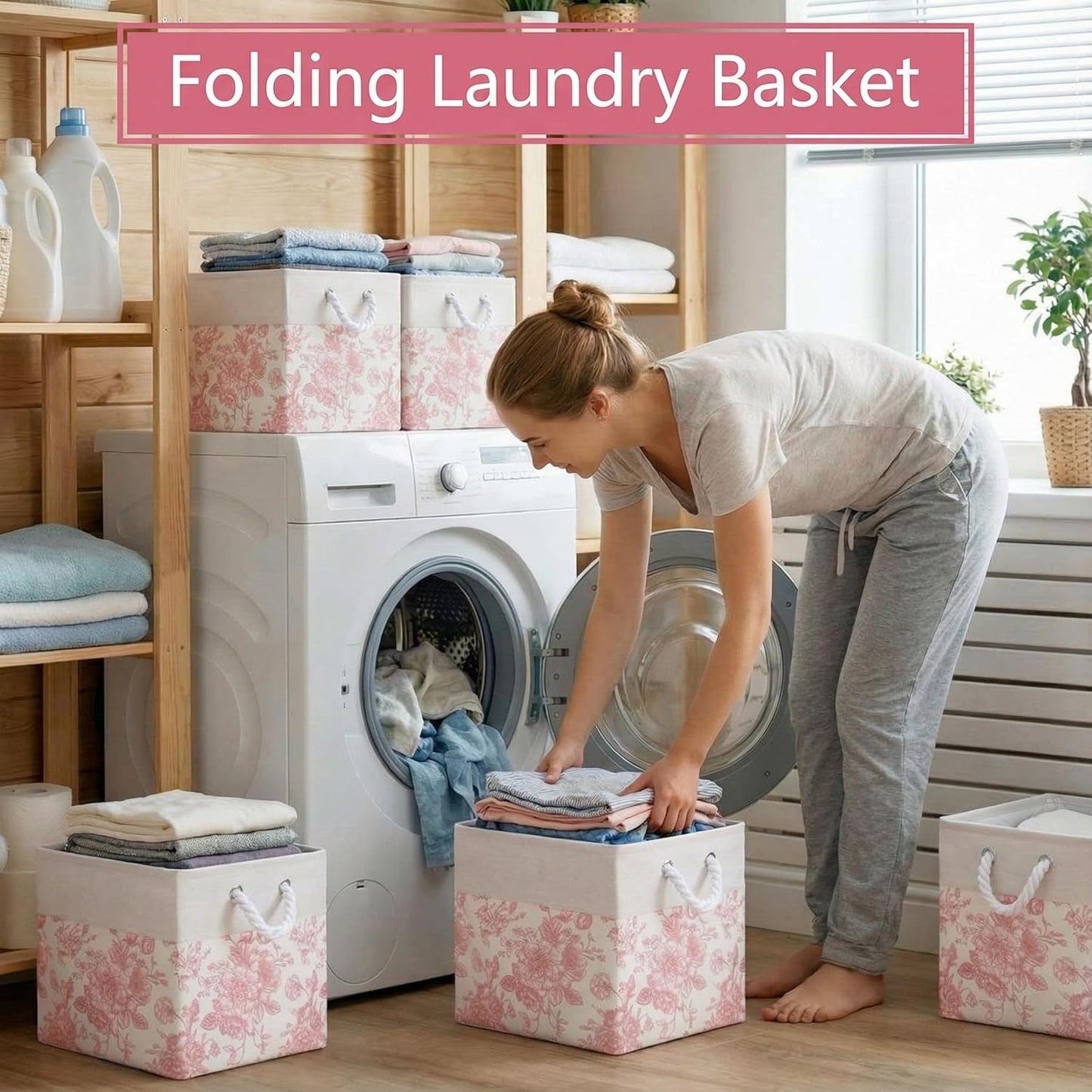 LemonRoad Pink Floral Cube Storage Bins - 6 Pcs Collapsible 11.22 Inch Organizer Baskets for Home & Office