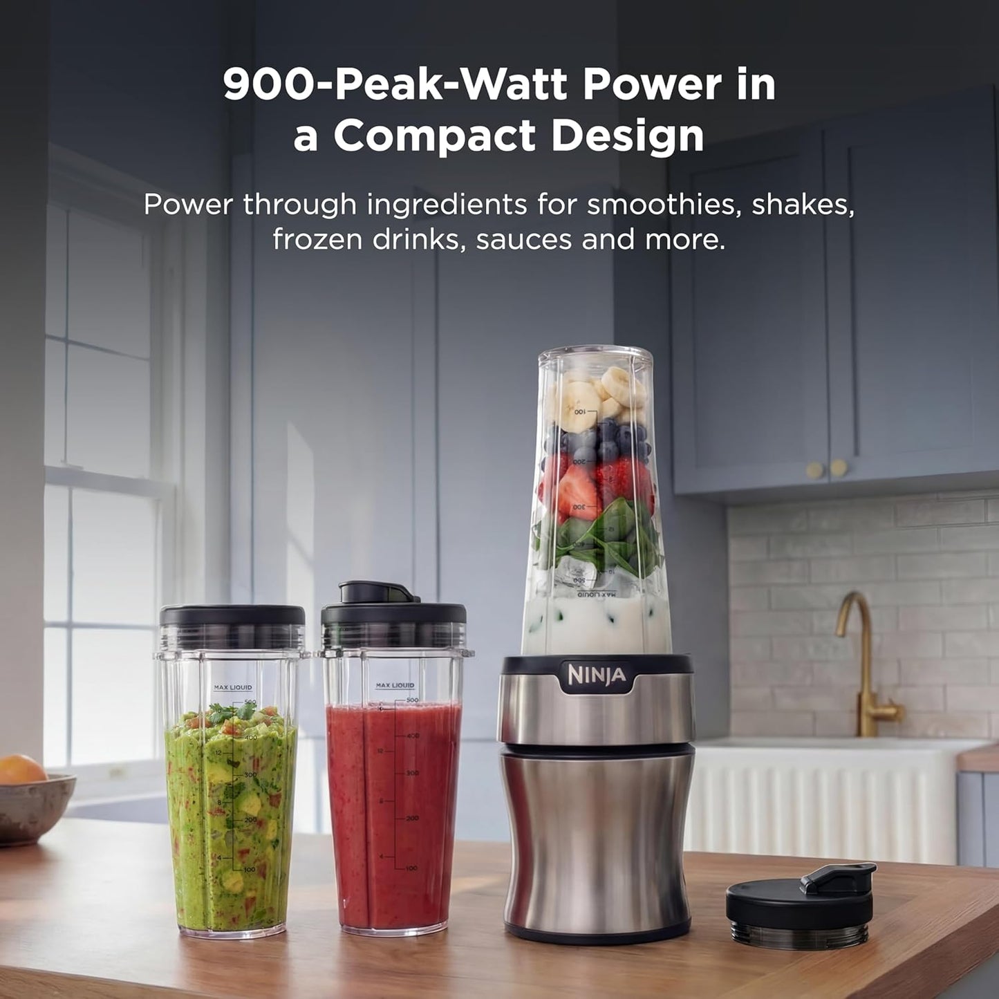 Ninja Nutri-Plus Personal Blender - Compact Push-To-Blend for Smoothies & Sauces | 3 To-Go Cups & Lids | 900W | Silver