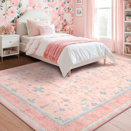 **Skiennix Oushak Rugs - Washable Pink & Blue Floral Design | Soft Faux Wool, 8x10 Size for Bedrooms & Living Rooms**