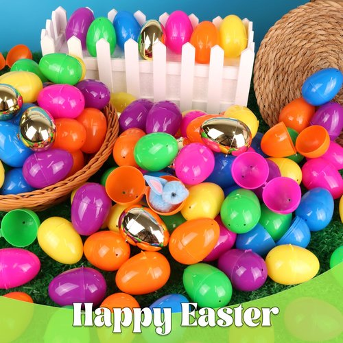 100 Pack 2.4" Colorful Fillable Easter Eggs with 6 Surprise Golden Eggs, Plastic Easter Egg Empty for Easter Egg Hunt Party Favors Kids Easter Basket Stuffers Fillers Classroom Prizes for Boys Girls