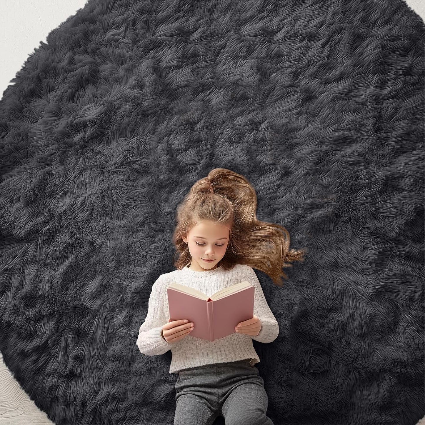 OLANLY Black Round Area Rug - Soft, Fluffy Shaggy Carpet | 7 ft Machine Washable for Bedroom & Living Room