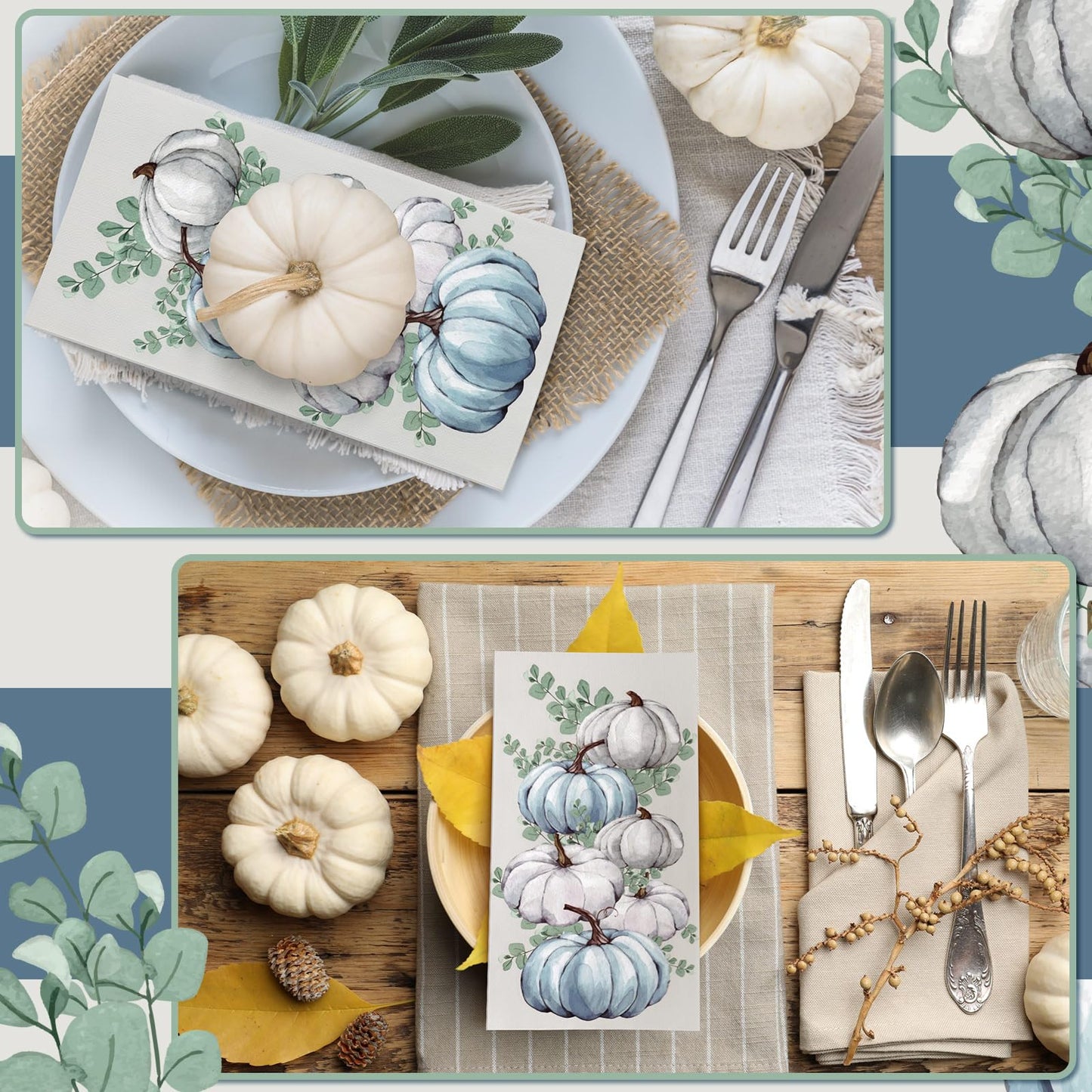 Jetec 200 Pcs Fall Napkins Thanksgiving Disposable Guests Paper Napkins White and Blue Pumpkin Disposable Hand Towels for Bathroom Thank You Gifts Decorative Napkins for Wedding Shower Birthday Party