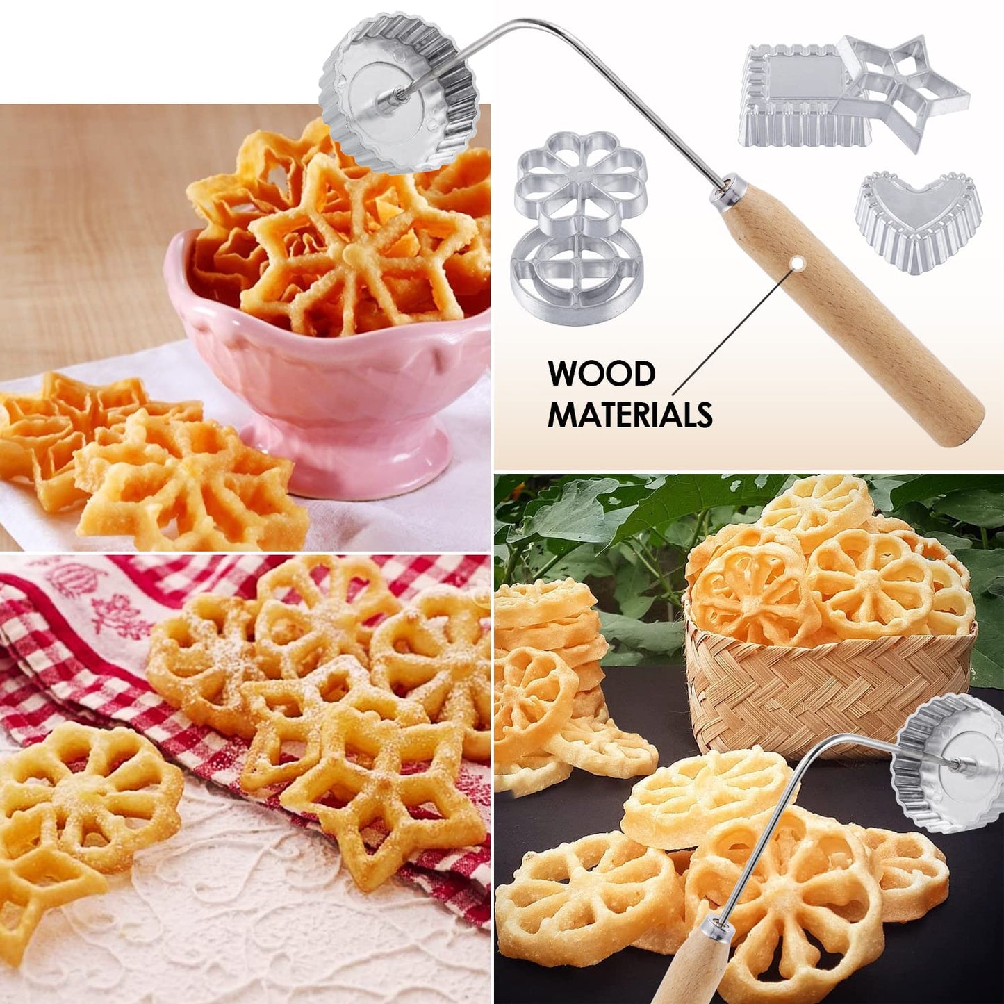7 Pieces Rosettes Timbale Set, Rosette Iron Set with Handle, Lotus Flower Bunuelos Cookie Maker Mold, Funnel Cake Maker Kit, 2Pcs