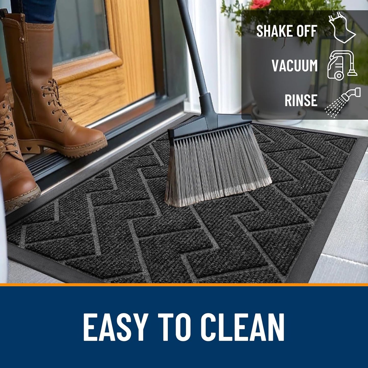 OLANLY Waterproof Front Door Mat - All-Season Indoor/Outdoor Doormat, Low Profile Herringbone Design (Black, 71x47)