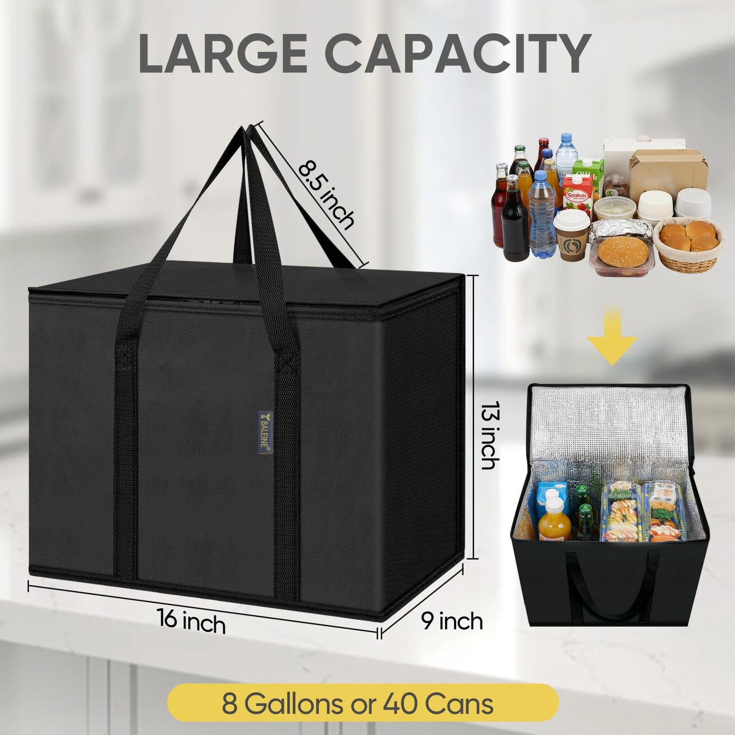BALEINE 2Pk Insulated Reusable Grocery Bags, Collapsible Cooler Bag for Groceries, Heavy Duty Large Insulated Bag (16''x9''x13'', Charcoal Black)