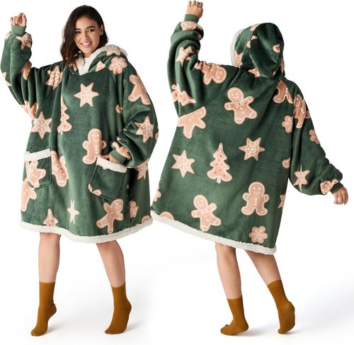 Bedsure Wearable Blanket Hoodie - Cozy Sherpa Design for Adults & Kids | Gingerbread & Olive Green