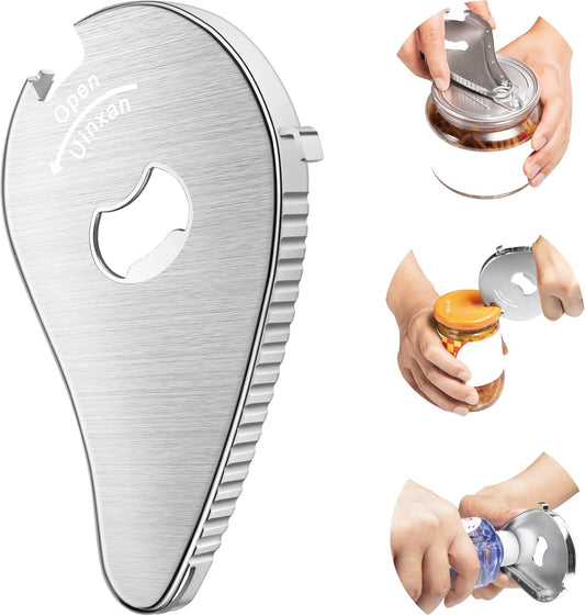 Uinxan Jar Bottle Can Opener - Easy Twist Off for Seniors with Arthritis | Portable Multifunction Gadget (Silver)