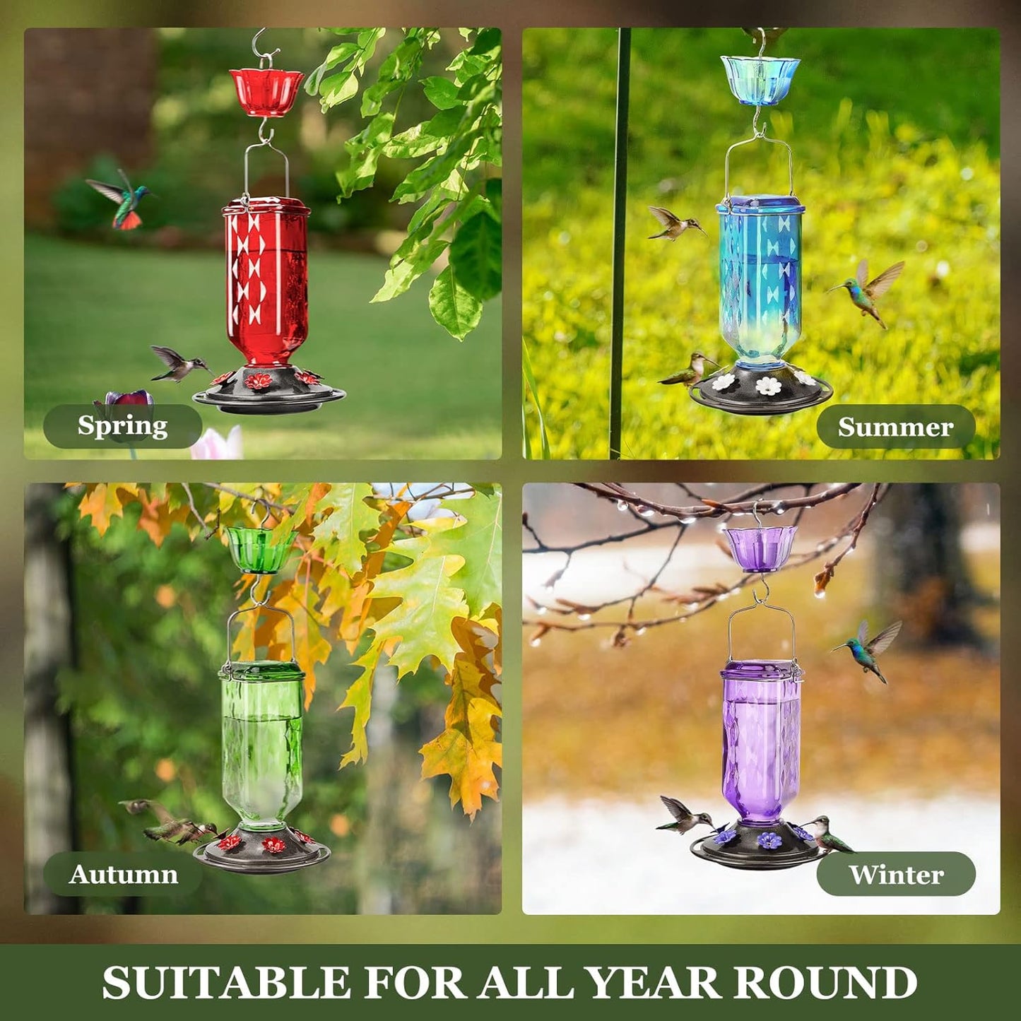 Kingsyard Hummingbird Feeder - 24 Ounce Glass Design with 6 Feeding Ports & Ant Moat | Blue Garden Décor