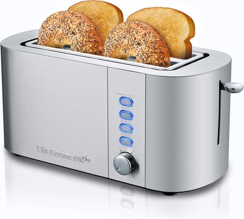 Elite Gourmet Long Slot 4-Slice Toaster - Extra Wide 1.5" Slots, 6 Shade Settings, Stainless Steel