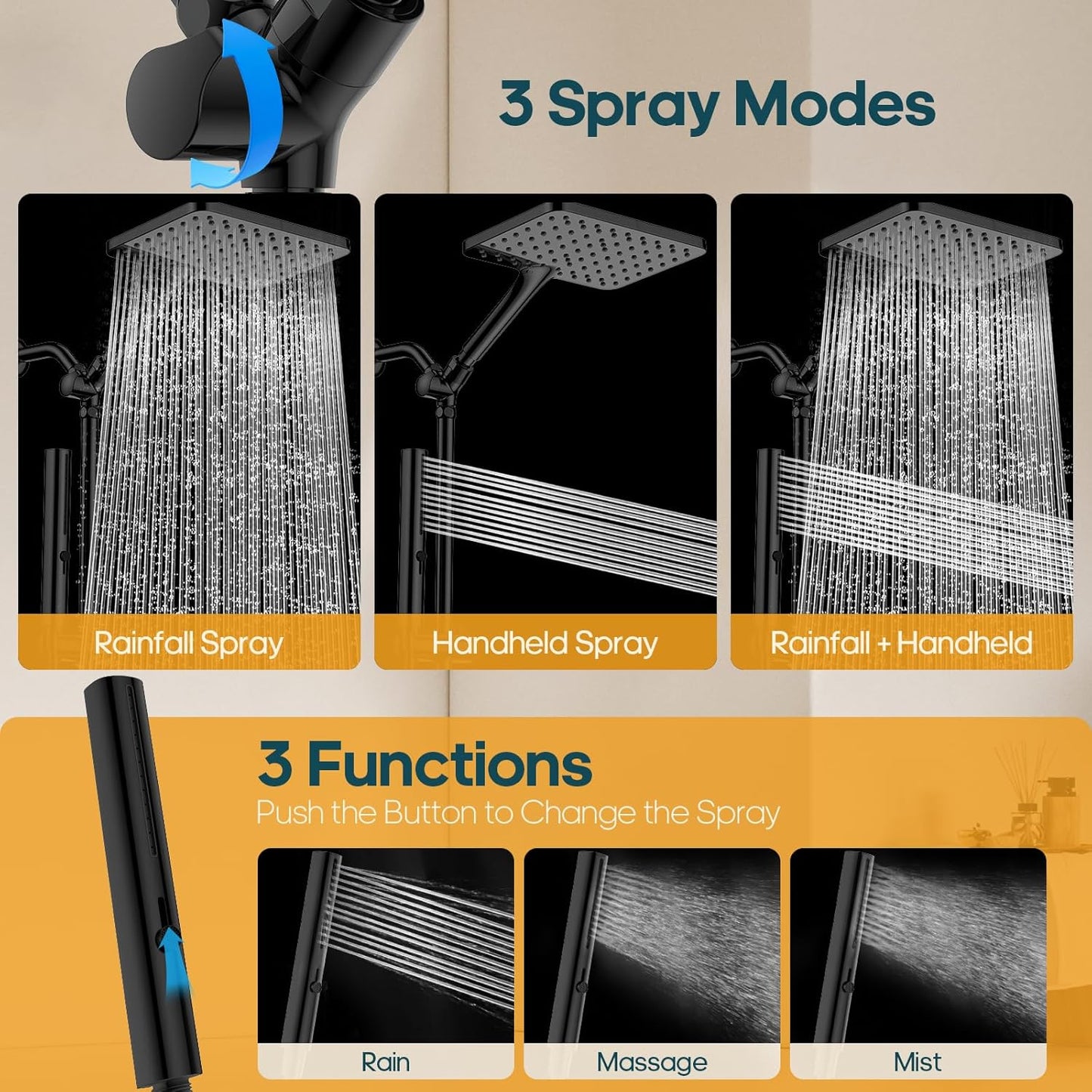 Skiennix High Pressure Rain Shower Head - 10 Inch Square Rainfall Combo with Handheld, 3 Spray Modes, Matte Black