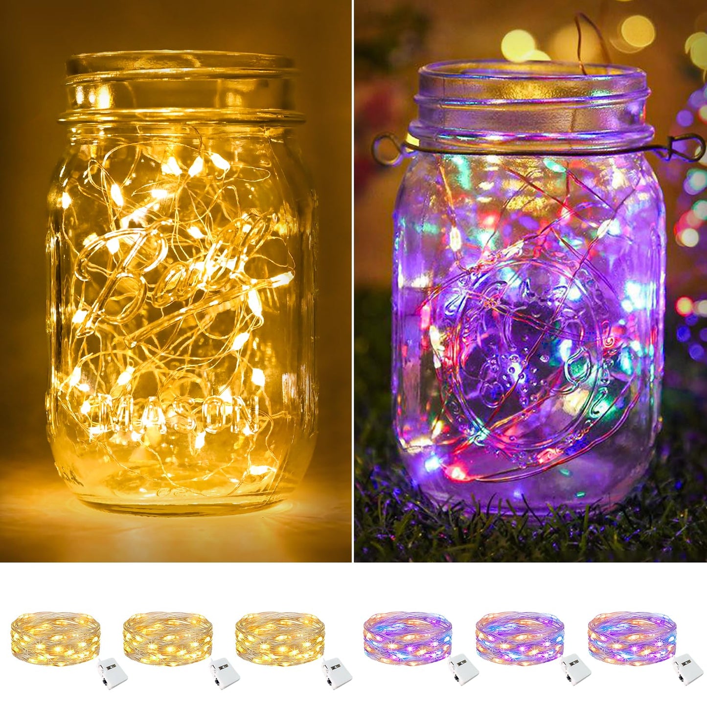 btfarm 6 Pack Fairy Lights Battery Operated [3 Modes], 7ft 20 Led Twinkle String Lights Waterproof Bulk Small Mini Sliver Wire for Christmas Mason Jars Wedding Table Centerpiece, Warm White/Colorful