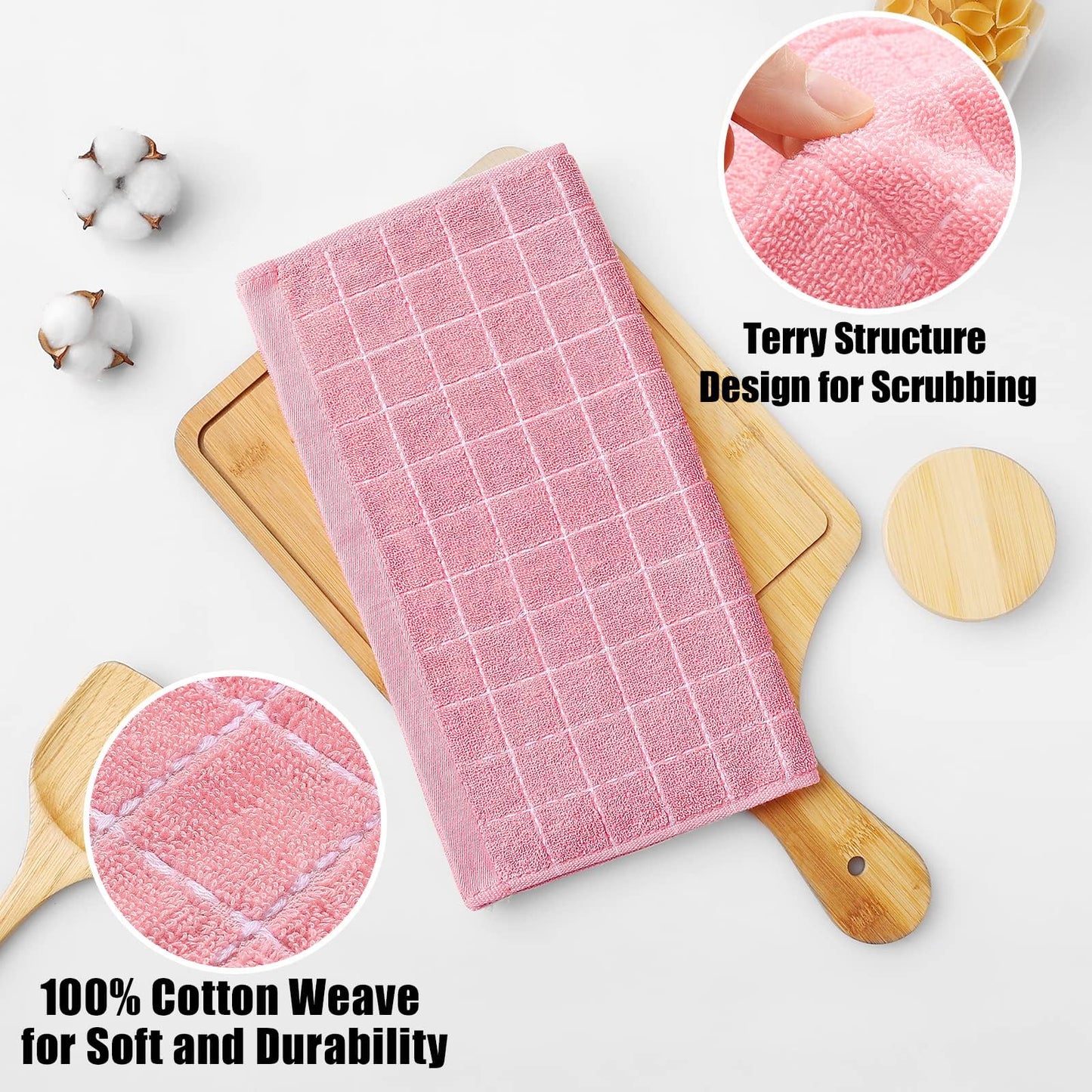 Homaxy 100% Cotton Terry Kitchen Dish Cloths, Ultra Soft and Absorbent Dish Towels for Kitchen, Suitable for Drying and Washing Dishes, 24 Pack, 12 x 12 Inches, Pink
