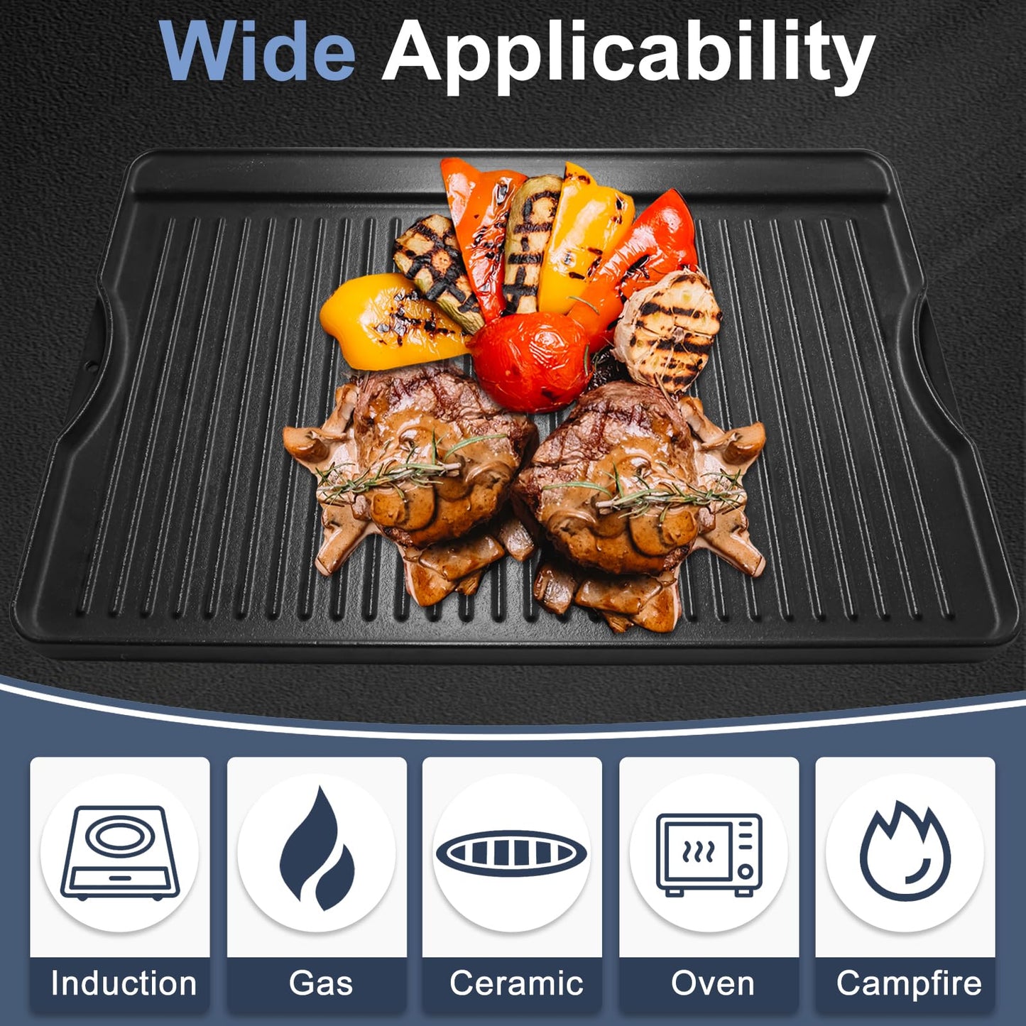 Criditpid Flat Griddle Top Plate Replacement Parts for Gas Stove, Charcoal, Electric, Propane, Gas Grill, 16” x 24” 2-in-1 Reversible Pre-Seasoned Cast Iron Cooking Griddle for Camping Tailgating.