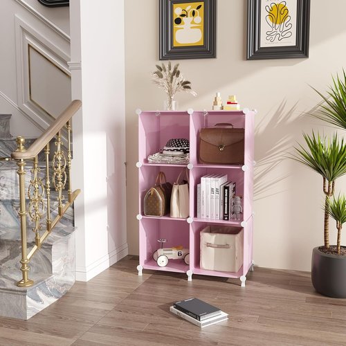 AWTATOS Cube Storage Organizer - Portable DIY Closet Organizer with 6 Stackable Cubes - Pink