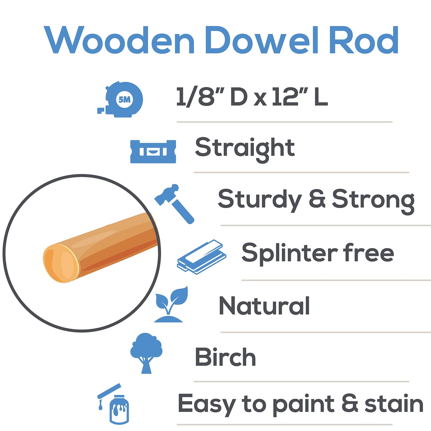Woodpeckers 1/8 Inch x 12 Inch Birch/Poplar Wood Dowels, Pack of 50, Craft-wood Dowel Rods
