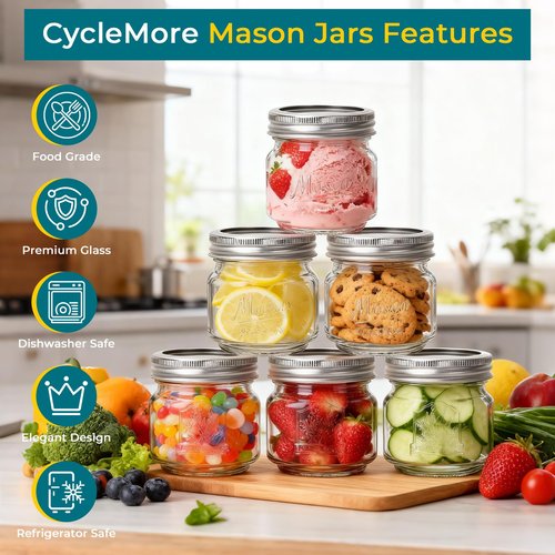 CycleMore 8oz 12 Pack Mason Jars with Silver Metal Lids, Embossed Design Canning Jars, Clear Glass Storage Jars for for Gifts, Jam, Pickling, Crafts, Wedding Favors & Home Decor